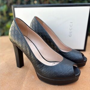 Gucci Embossed Black Peep Toe Heels